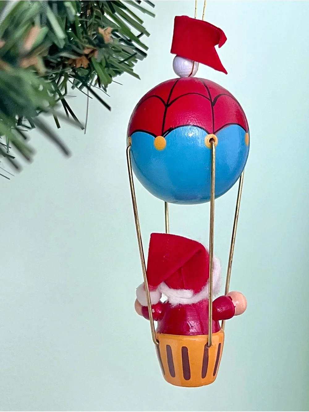 Vintage Santa Hot Air Balloon Ornament Hand-Painted Wood